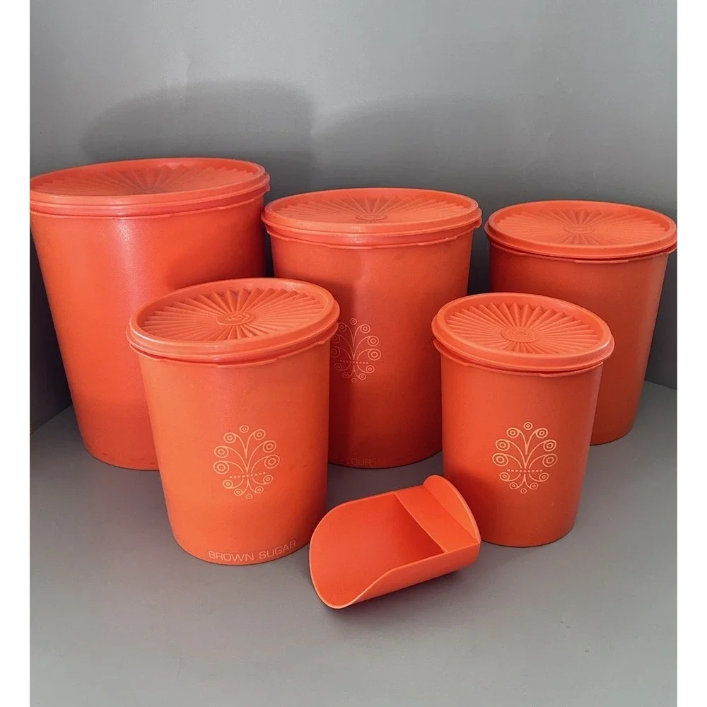 Vintage TUPPERWARE ORANGE Set of 5 Nesting Canister / Containers & Flour Scoop